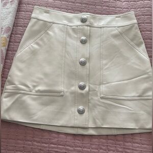 Cream leather Button-Front Mini Skirt
